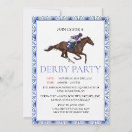 Blue Chinoiserie Horse Race Derby Party Invite Einladung