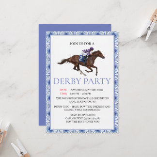 Blue Chinoiserie Horse Race Derby Party Invite Einladung