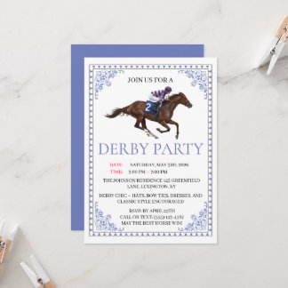 Blue Chinoiserie Horse Race Derby Party Invite Einladung