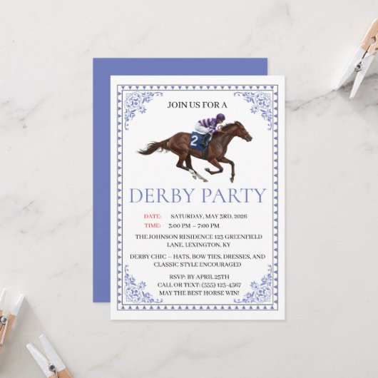 Blue Chinoiserie Horse Race Derby Party Invite Einladung (Vorderseite/Rückseite Beispiel)