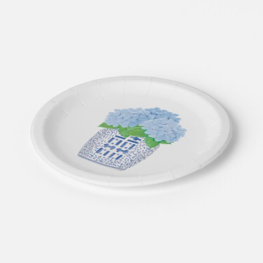 Blue Chinoiserie Hydrangea Paper Party Plate Pappteller (Schrägansicht)