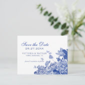 Blue Chinoiserie mit Foto Wedding Save the Date (Stehend Vorderseite)