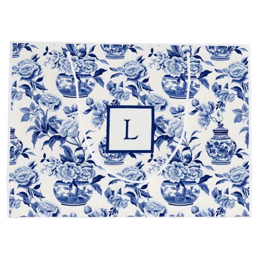 Blue Chinoiserie Monogram  Große Geschenktüte (Rückseite)