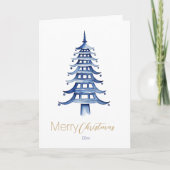 Blue Chinoiserie Pagoda Weihnachtsbaum Karte (Vorderseite)