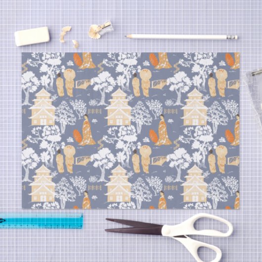 Blue Chinoiserie Pagodas Seidenpapier (Handwerk)