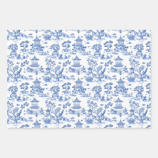 Blue Chinoiserie Pagodas Toile Geschenkpapier Set (Vorderseite 3)