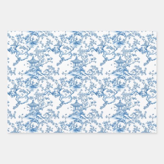 Blue Chinoiserie Pagodas Toile Geschenkpapier Set (Vorderseite 2)