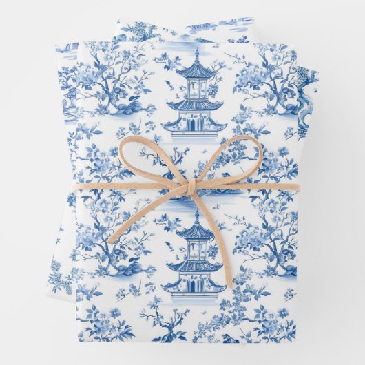 Blue Chinoiserie Pagodas Toile Geschenkpapier Set (Beispiel)