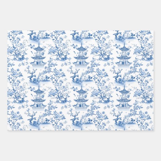 Blue Chinoiserie Pagodas Toile Geschenkpapier Set (Vorderseite)