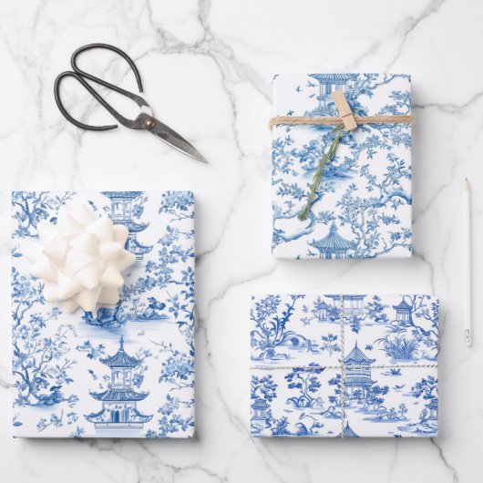Blue Chinoiserie Pagodas Toile Geschenkpapier Set (Vorderseite)