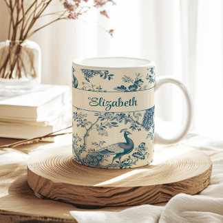 Blue Chinoiserie Peacock Individuelle Name Kaffeetasse