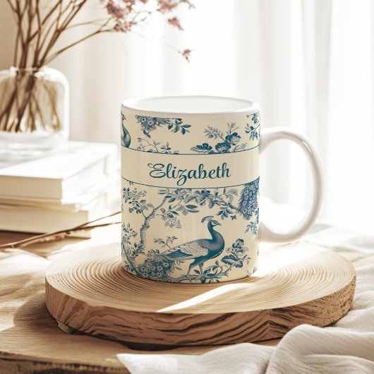 Blue Chinoiserie Peacock Individuelle Name Kaffeetasse