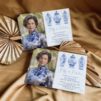 Blue Chinoiserie Porcelain 50. Geburtstag Foto Einladung