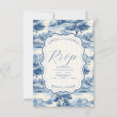 Blue Chinoiserie Porcelain Botanische Peony Weddin RSVP Karte (Vorderseite)