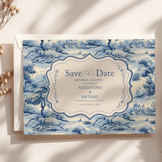 Blue Chinoiserie Porcelain Botanische Peony Weddin Save The Date