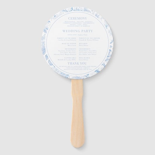 Blue Chinoiserie Porcelain Hochzeitsprogramm Fächer (Rückseite)