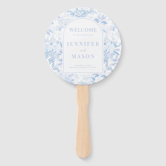 Blue Chinoiserie Porcelain Hochzeitsprogramm Fächer (Vorderseite)
