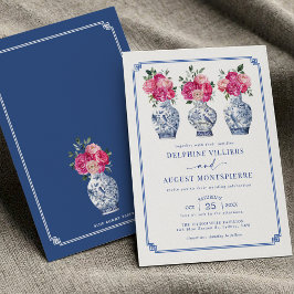 Blue Chinoiserie Porzellan Pink Peonies Hochzeit Einladung