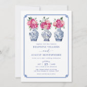 Blue Chinoiserie Porzellan Pink Peonies Hochzeit Einladung (Vorderseite)