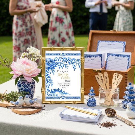 Blue Chinoiserie Recipe Cards Here Sign Einladung
