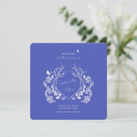 Blue Chinoiserie Save the Date (Stehend Vorderseite)