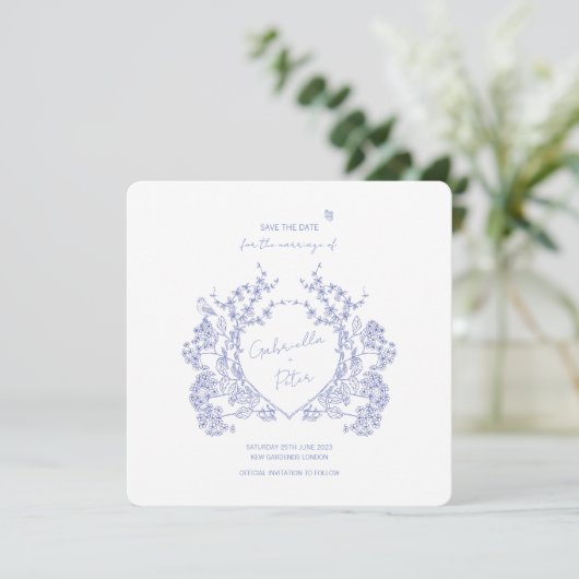 Blue Chinoiserie Save the Date (Stehend Vorderseite)