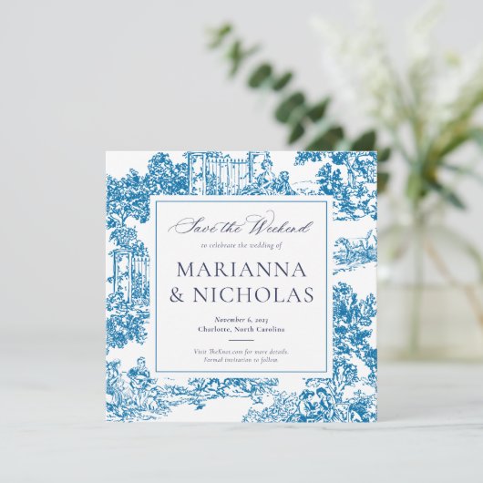 Blue Chinoiserie Style Wedding Save the Date (Stehend Vorderseite)
