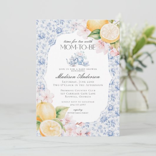 Blue Chinoiserie Tee Party Babydusche Einladung (Stehend Vorderseite)