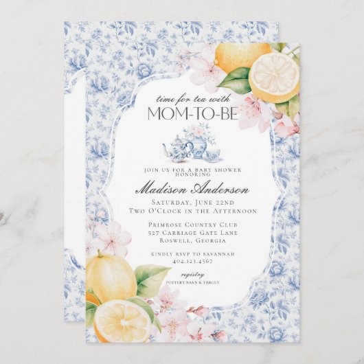 Blue Chinoiserie Tee Party Babydusche Einladung (Vorne/Hinten)