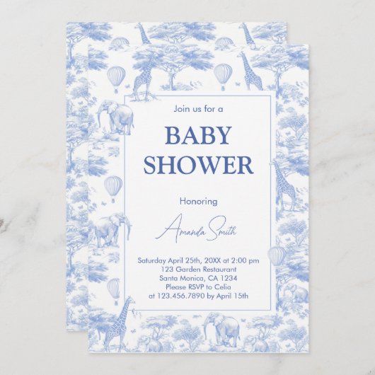 Blue Chinoiserie Toile de Jouy Baby Dusche Einladung (Vorne/Hinten)