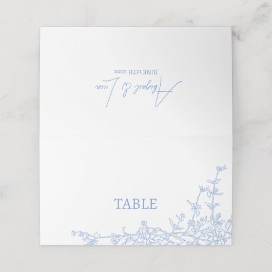 Blue Chinoiserie Toile de Jouy Tischplatze Platzkarte (Außenseite Aufgefaltet)