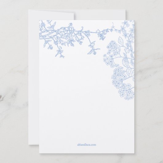 Blue Chinoiserie Toile de Jouy Wedding Einladung (Rückseite)