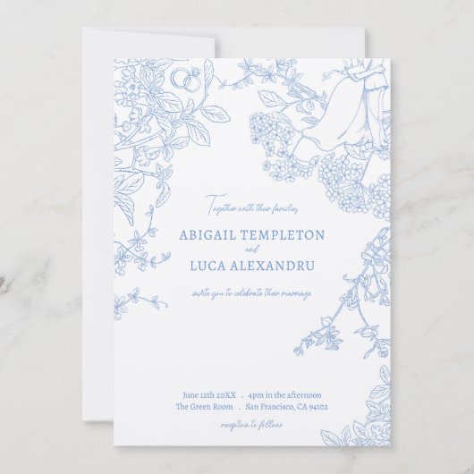 Blue Chinoiserie Toile de Jouy Wedding Einladung (Vorderseite)