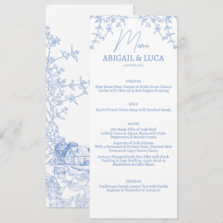 Blue Chinoiserie Toile de Jouy Wedding Menükarte