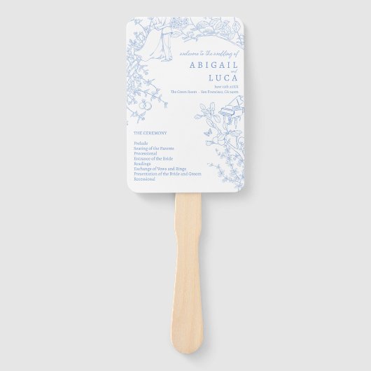 Blue Chinoiserie Toile de Jouy Wedding Programm Fächer (Vorderseite)