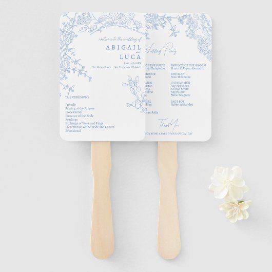 Blue Chinoiserie Toile de Jouy Wedding Programm Fächer (Vorne und Hinten)