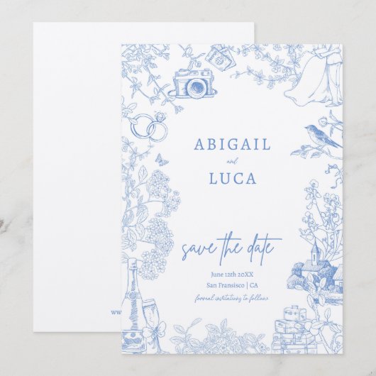 Blue Chinoiserie Toile de Jouy Wedding Rett Date Einladung (Vorne/Hinten)