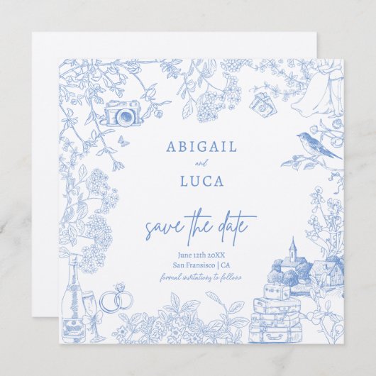 Blue Chinoiserie Toile de Jouy Wedding Rett Date Einladung (Vorne/Hinten)