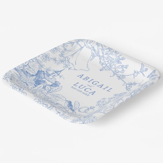 Blue Chinoiserie Toile de Jouy Wedding Rett Date Pappteller (Gewinkelt)