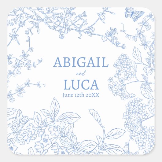 Blue Chinoiserie Toile de Jouy Wedding Rett Date Quadratischer Aufkleber (Vorderseite)