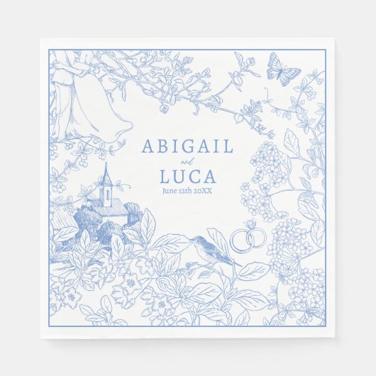 Blue Chinoiserie Toile de Jouy Wedding Rett Date Serviette (Vorderseite)