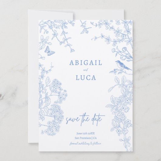 Blue Chinoiserie Toile de Jouy Wedding Rett Datum  Einladung (Vorderseite)