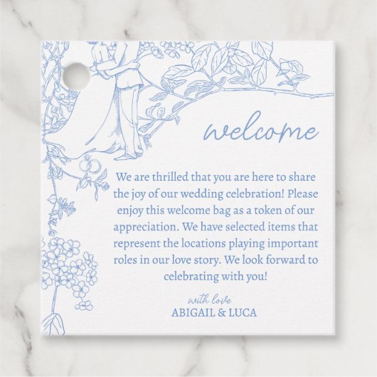 Blue Chinoiserie Toile de Jouy Wedding Willkommen Geschenkanhänger (Vorderseite)