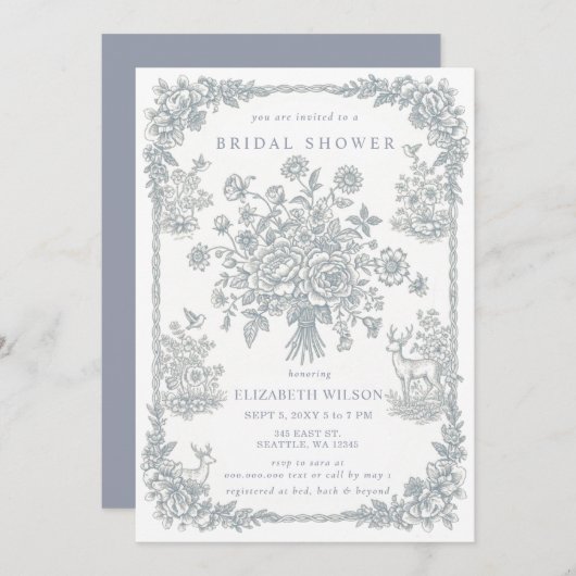 Blue Chinoiserie Toile Floral Bridal Shower Einladung (Vorne/Hinten)