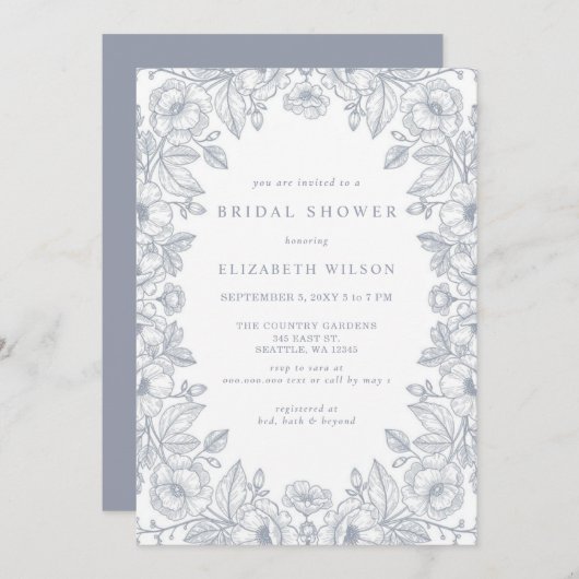 Blue Chinoiserie Toile Floral Bridal Shower Einladung (Vorne/Hinten)
