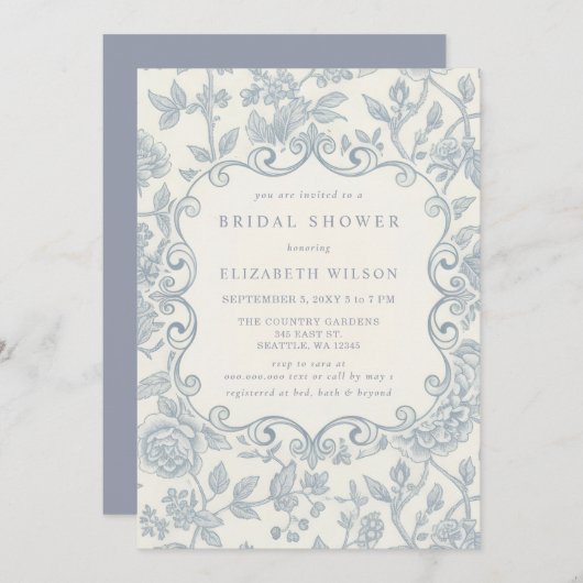 Blue Chinoiserie Toile Floral Bridal Shower Einladung (Vorne/Hinten)