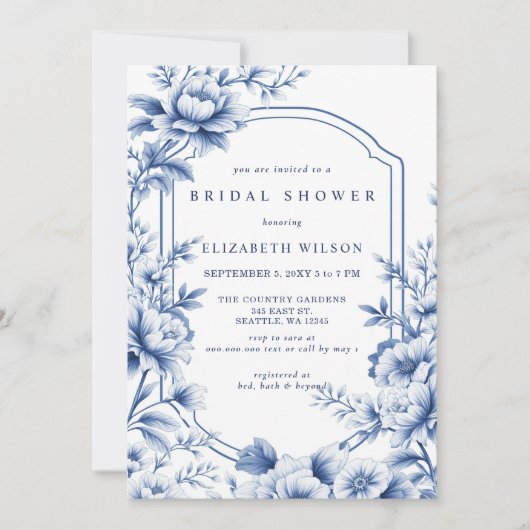 Blue Chinoiserie Toile Floral Bridal Shower Einladung (Vorderseite)
