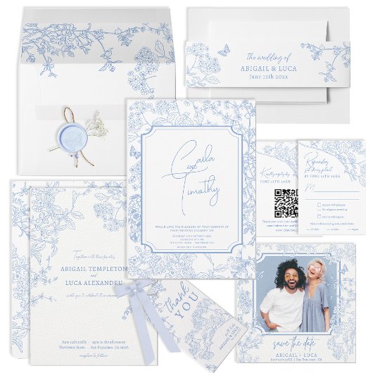 Blue Chinoiserie Toile Hochzeit Rett Date Foto Einladung
