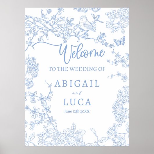 Blue Chinoiserie Toile Jouy Wedding Welcome Sign Poster (Vorne)