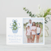 Blue Chinoiserie Tree Weihnachts-Fotokarte Einladung (Stehend Vorderseite)